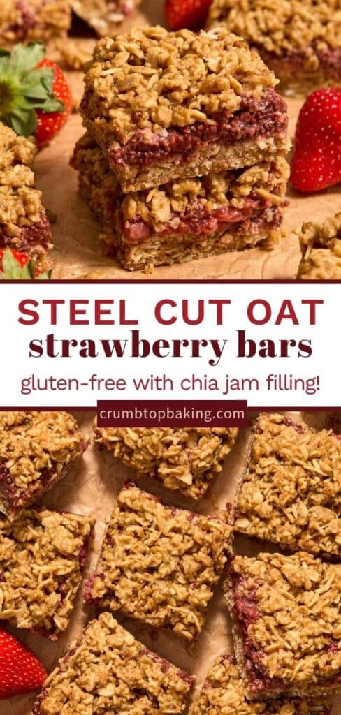 Pinterest image for strawberry oat bars - long pin with 2 images.