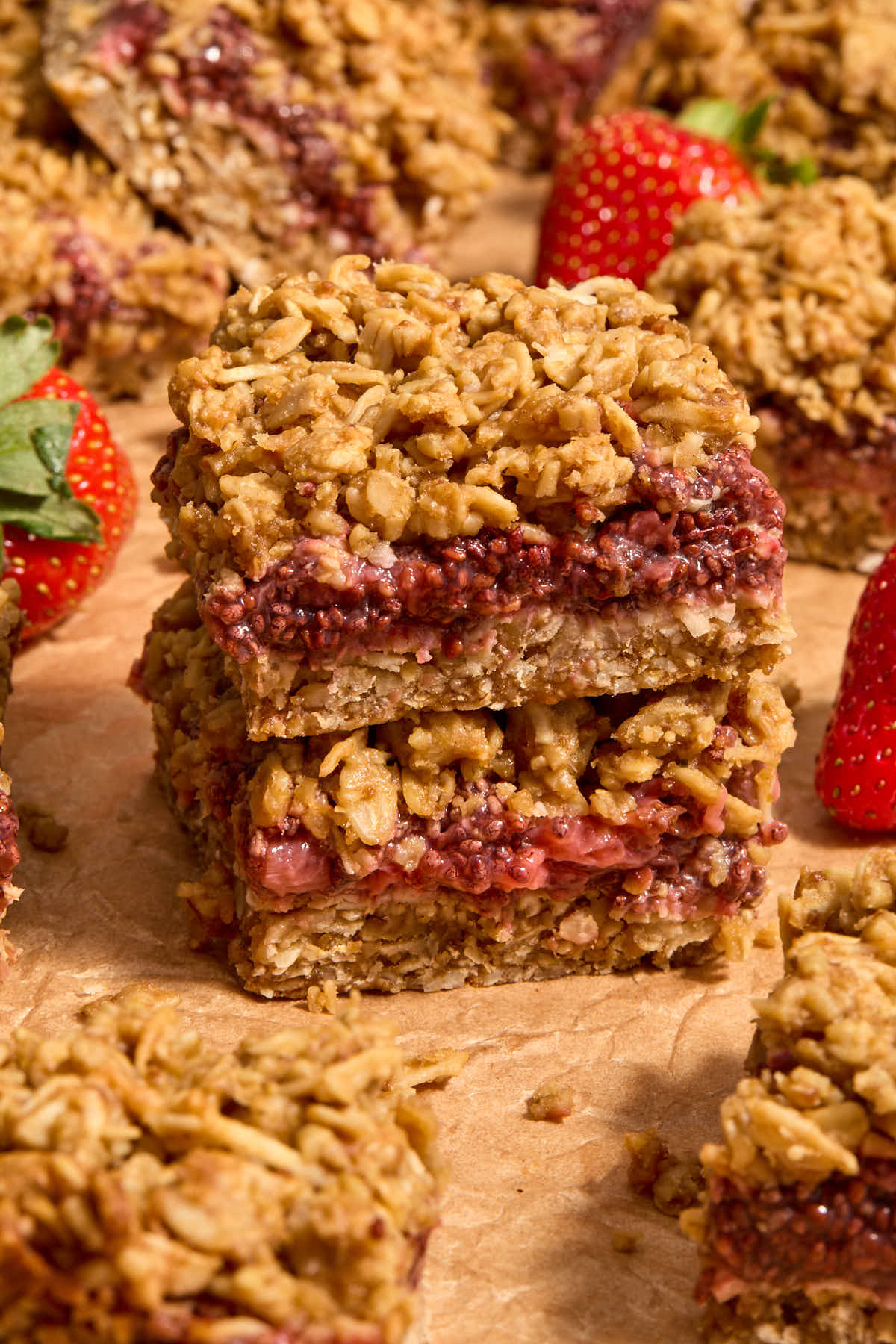 Stack of strawberry oat bars.