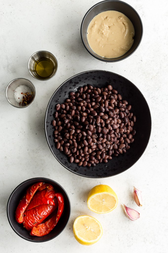 Overhead view of ingredients to make black bean hummus.