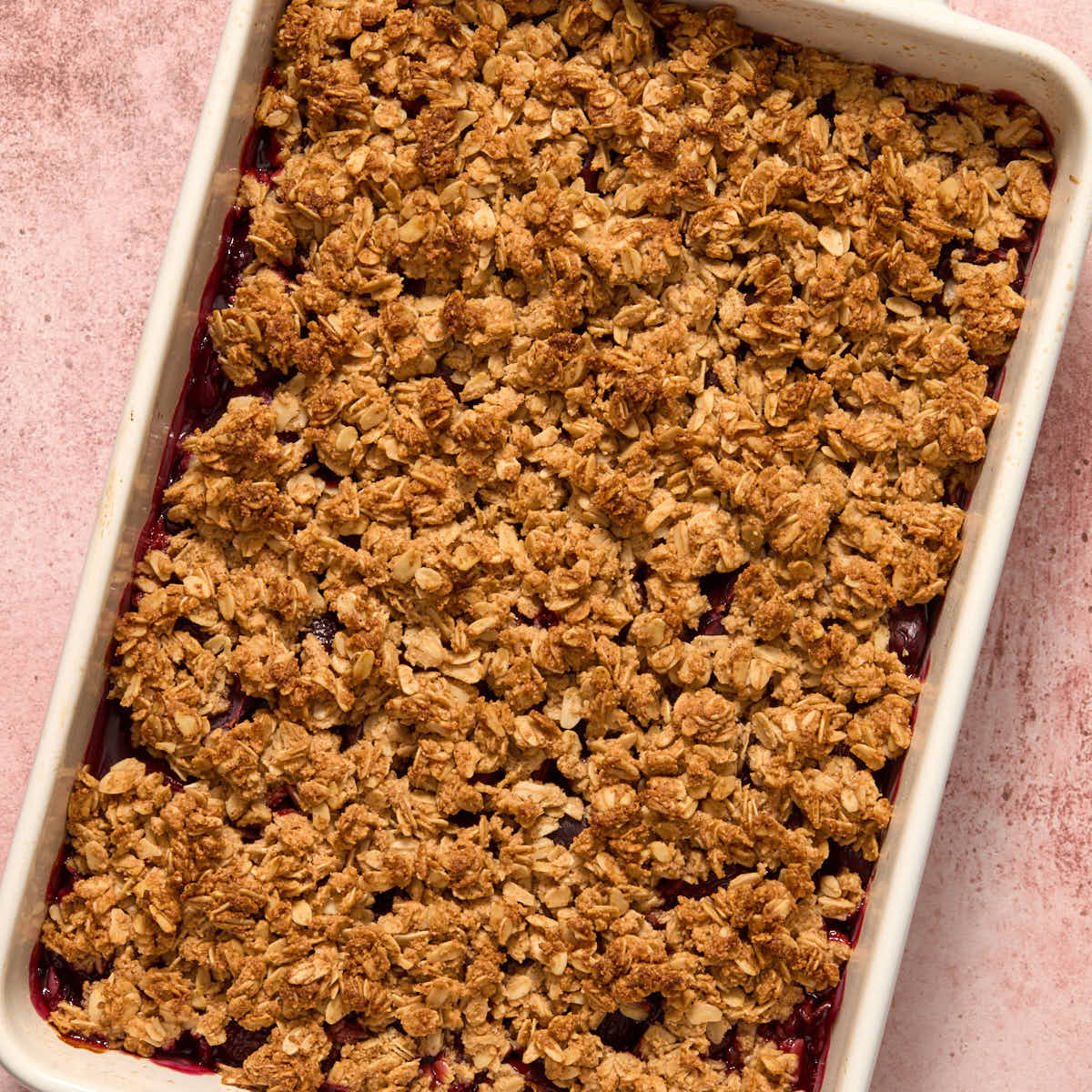 Baked crisp in a white rectangular baking dish.