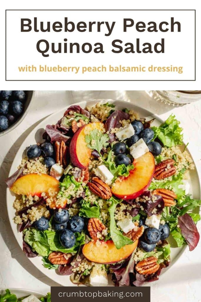 Pinterest image with a blueberry peach quinoa salad on a plate with blueberries on the side.