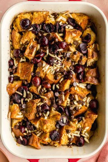 Overhead of cherry french toast bake in a large casserole dish.