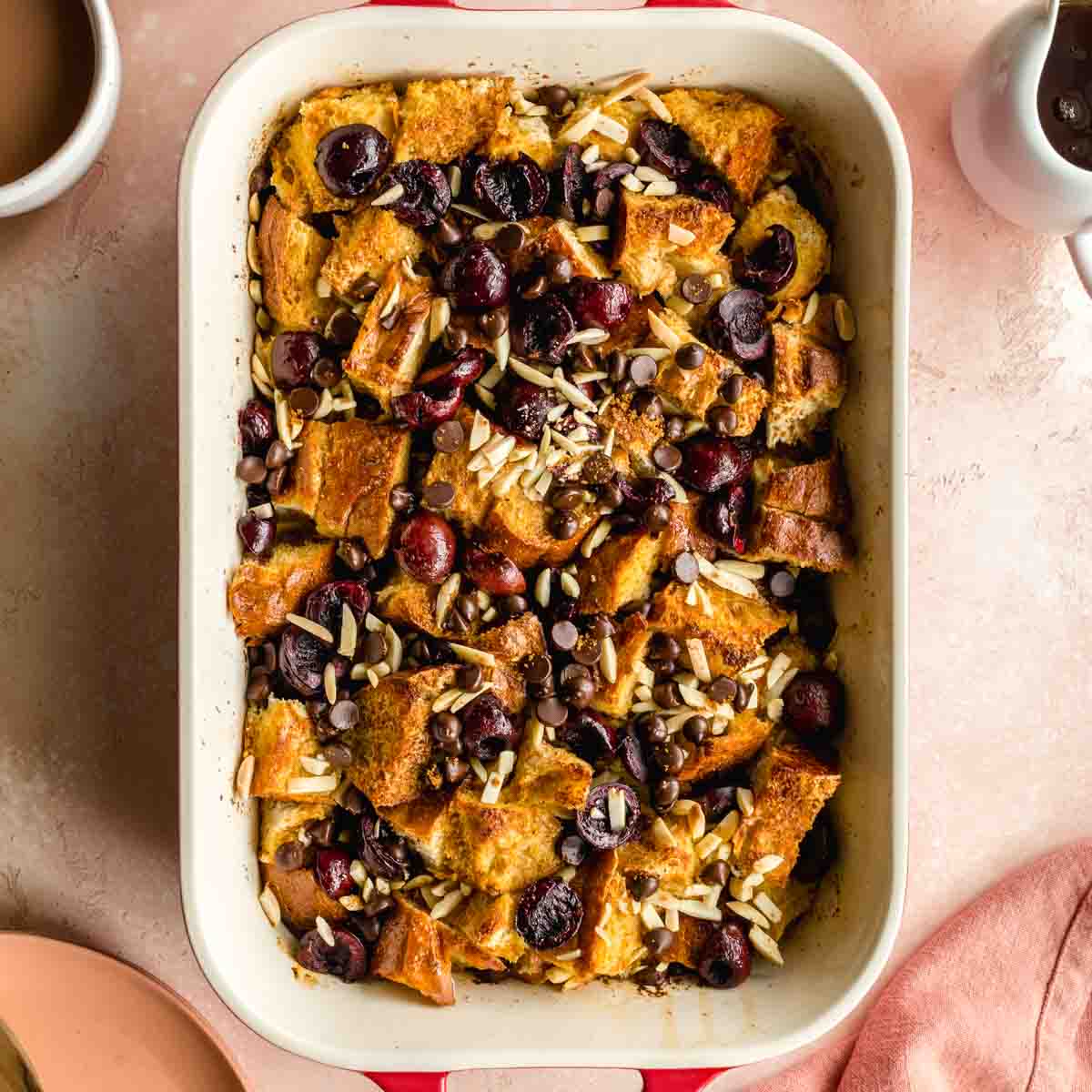 Overhead of cherry french toast bake in a large casserole dish.