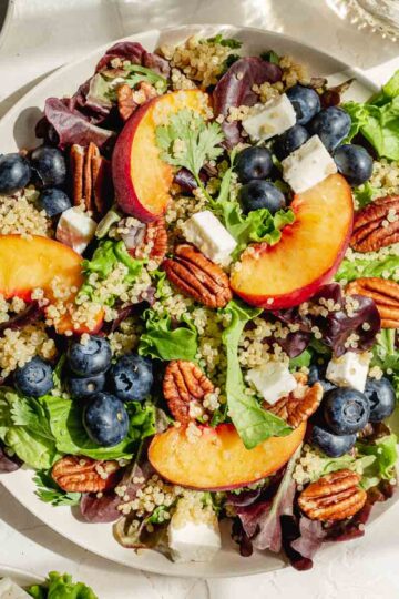 Overhead of blueberry peach summer salad on a white plate.