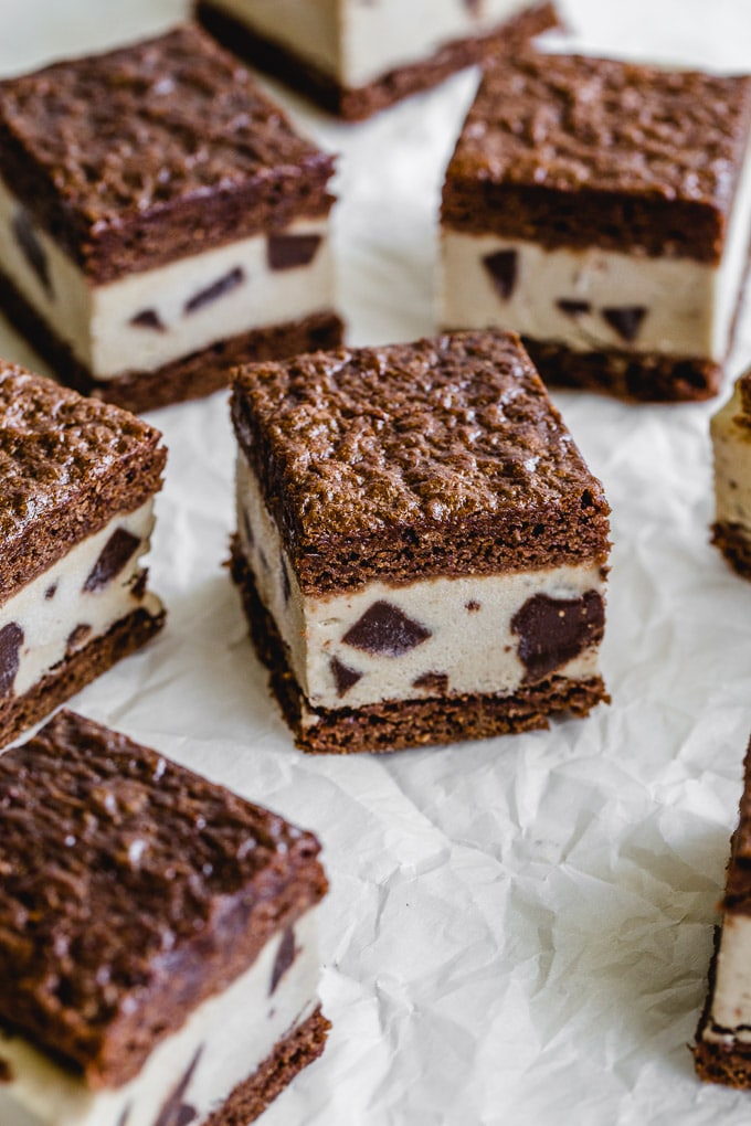 Up-close side view of a brownie ice cream sandwich.