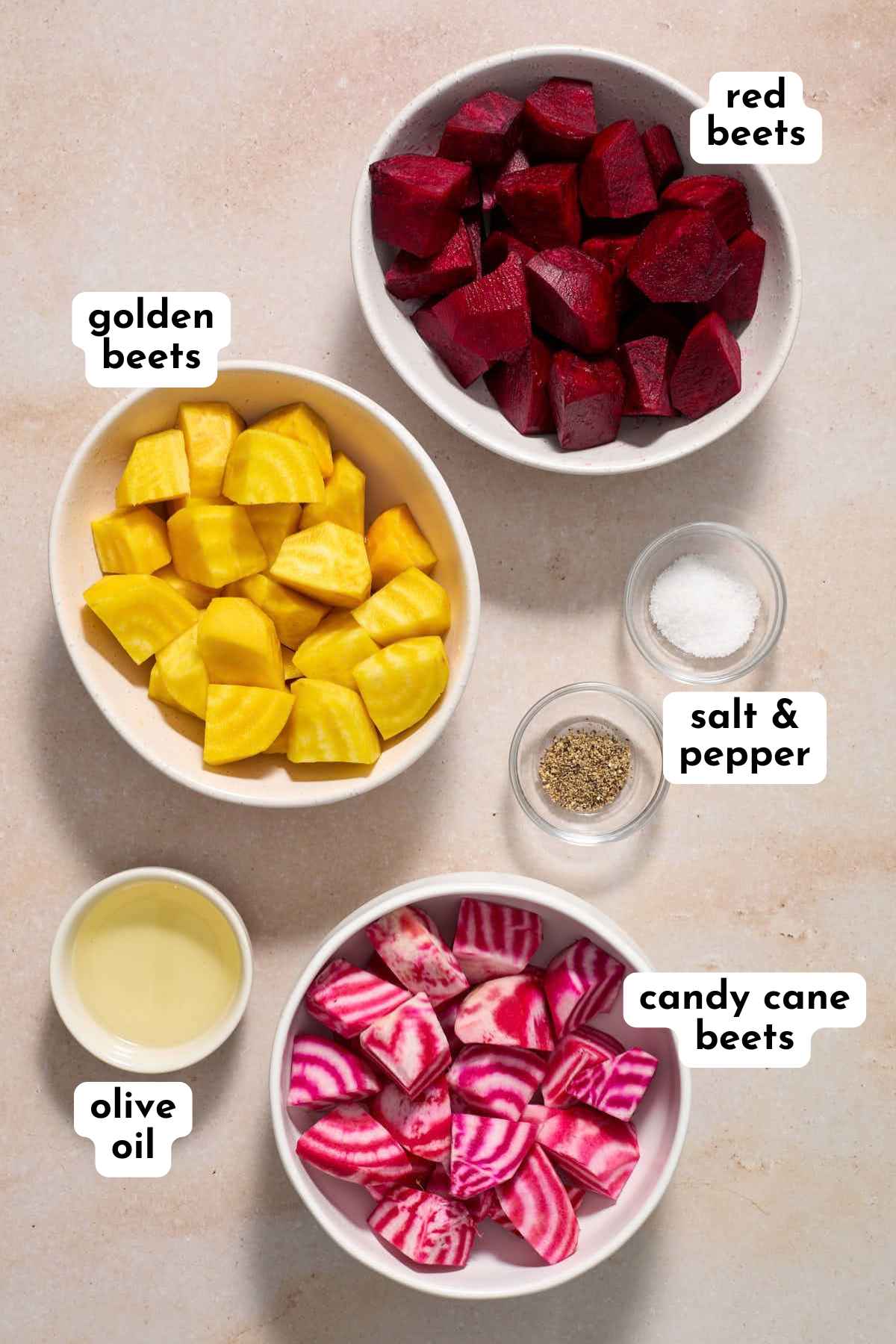Ingredients for making air fryer beets arranged in individual bowls and labeled.