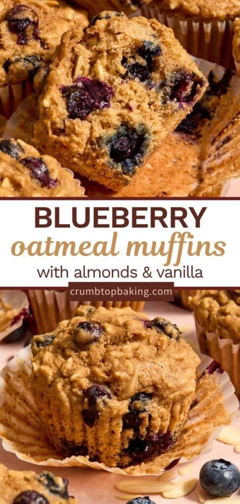 Pinterest image for blueberry oatmeal muffins - long pin with 2 images.
