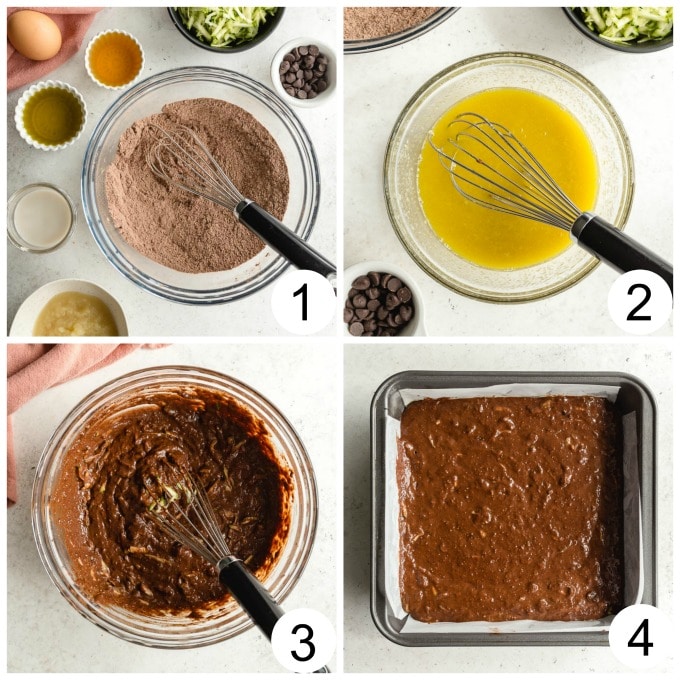 Collage of 4 images showing how the batter comes together in a glass bowl and ends up spread out into an 8-inch square pan.
