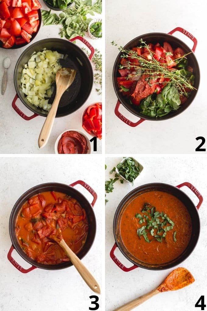 Collage of 4 images showing how the marinara sauce ingredients come together in one pot.