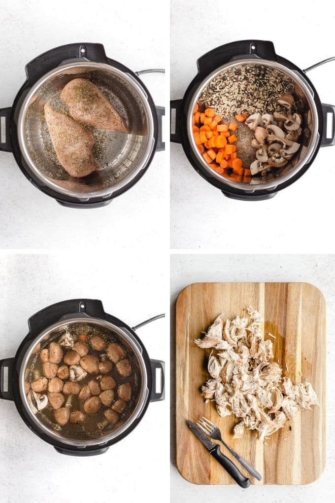 Collage of 4 images showing how the chicken wild rice soup comes together in the Instant Pot and how the chicken is shredded on a cutting board.