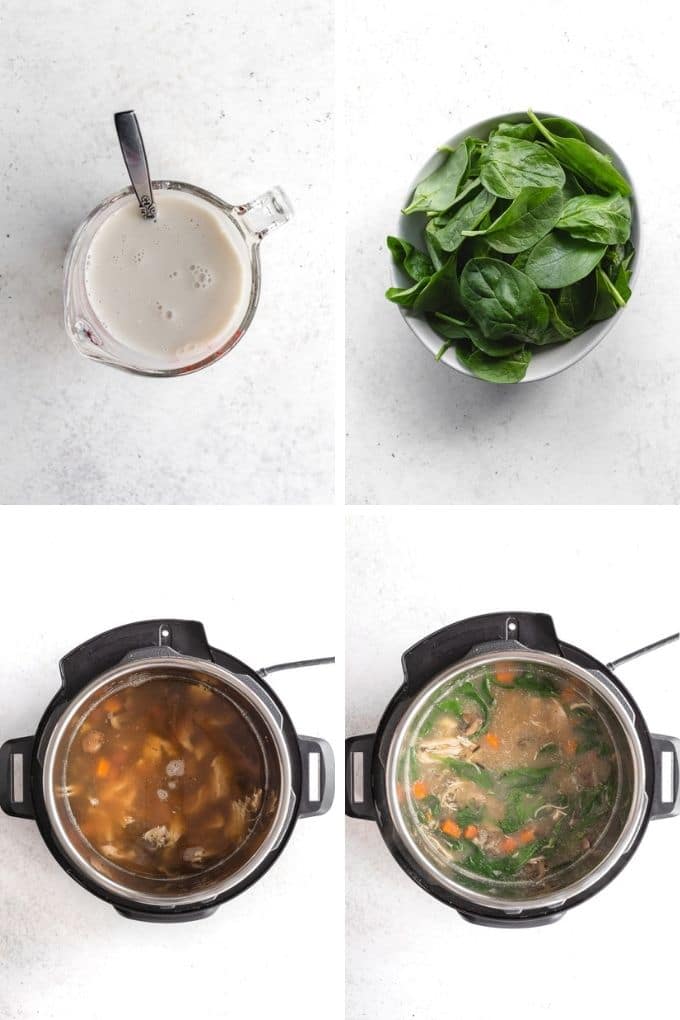 Collage of 4 images showing the starch/milk mixture, spinach and the finished soup in the Instant Pot.