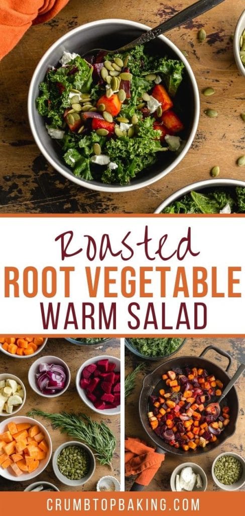 Pinterest image for roasted root vegetable warm salad - long pin.