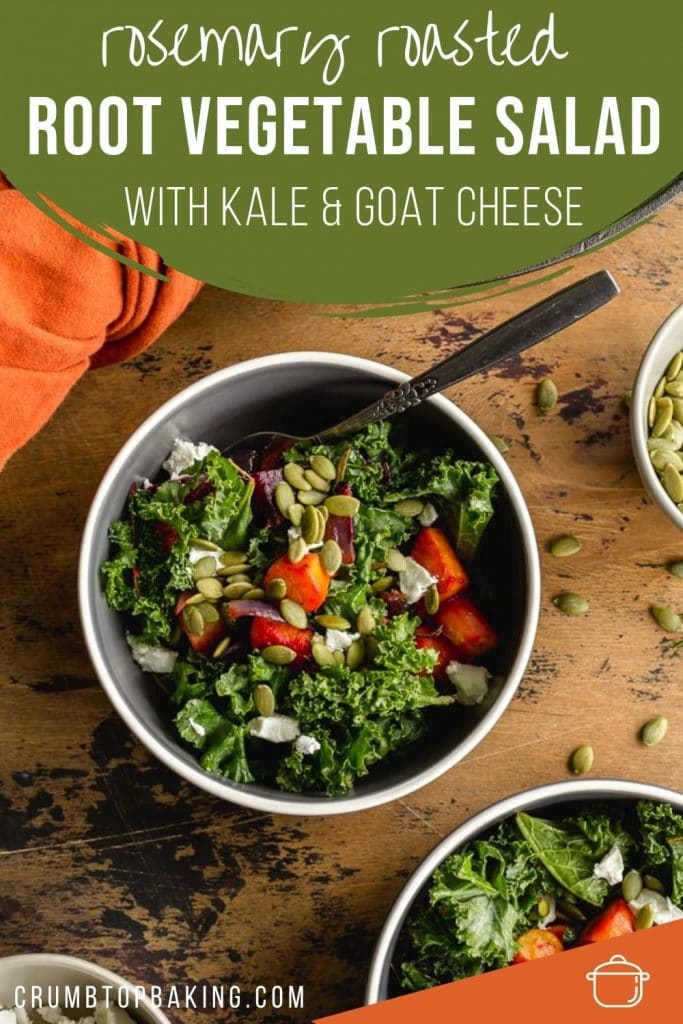 Pinterest image for rosemary roasted root vegetable salad - short pin.