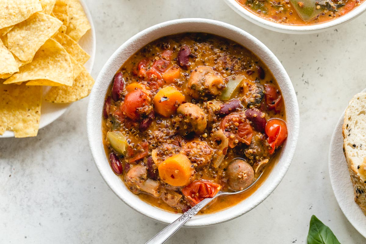 Slow Cooker Vegetarian Chili with Quinoa and Avocado Crumb Top Baking