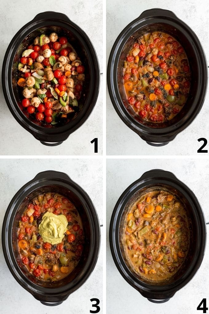 Collage of 4 images showing how the meatless chili comes together in the slow cooker.