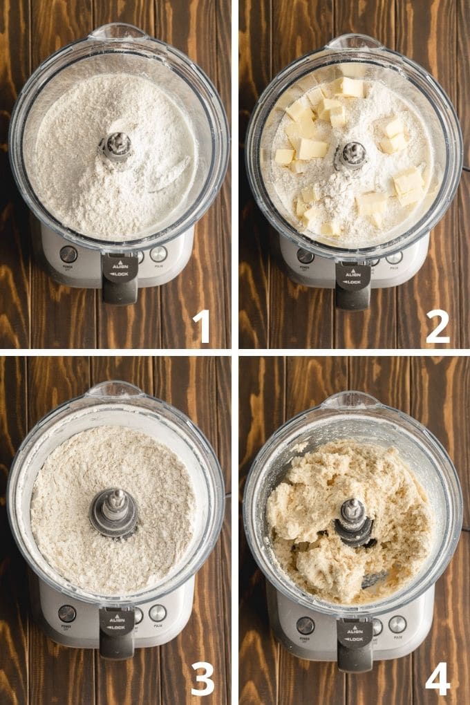 Collage of 4 images showing how the dough comes together in a food processor.