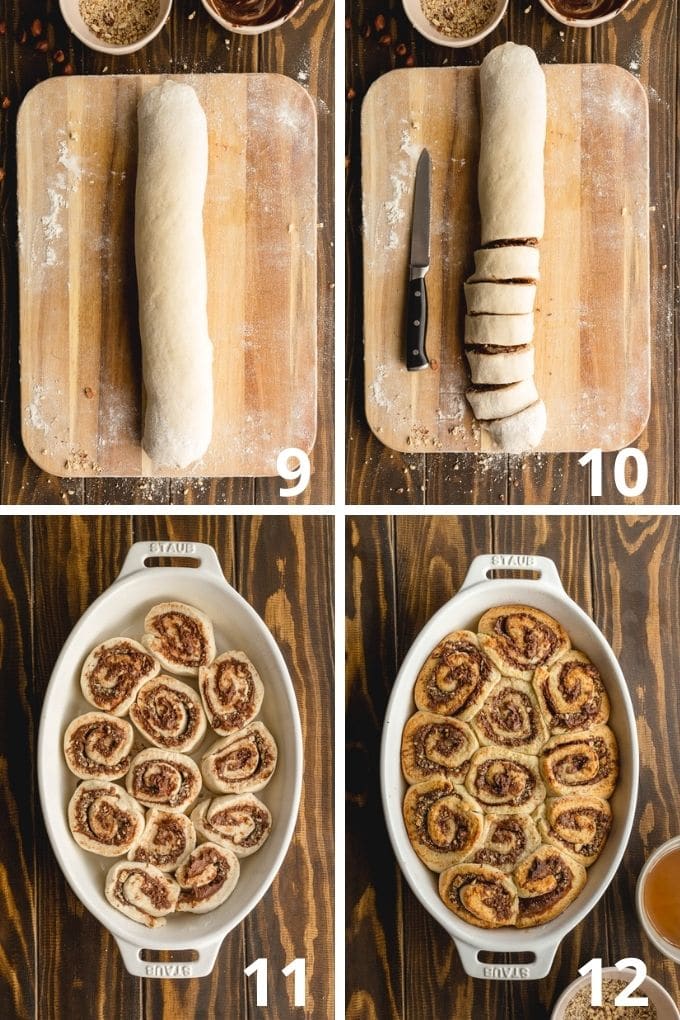 Collage of 4 images showing how the chocolate hazelnut rolls are rolled, cut, arranged and baked.