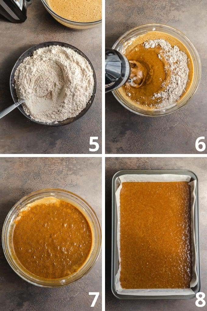 Collage of 4 images showing how the cake batter comes together.