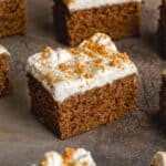 Angled view of a piece of gingerbread cake.