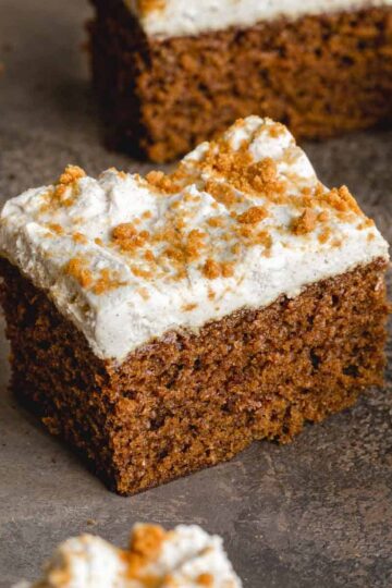 Angled view of a piece of gingerbread cake.