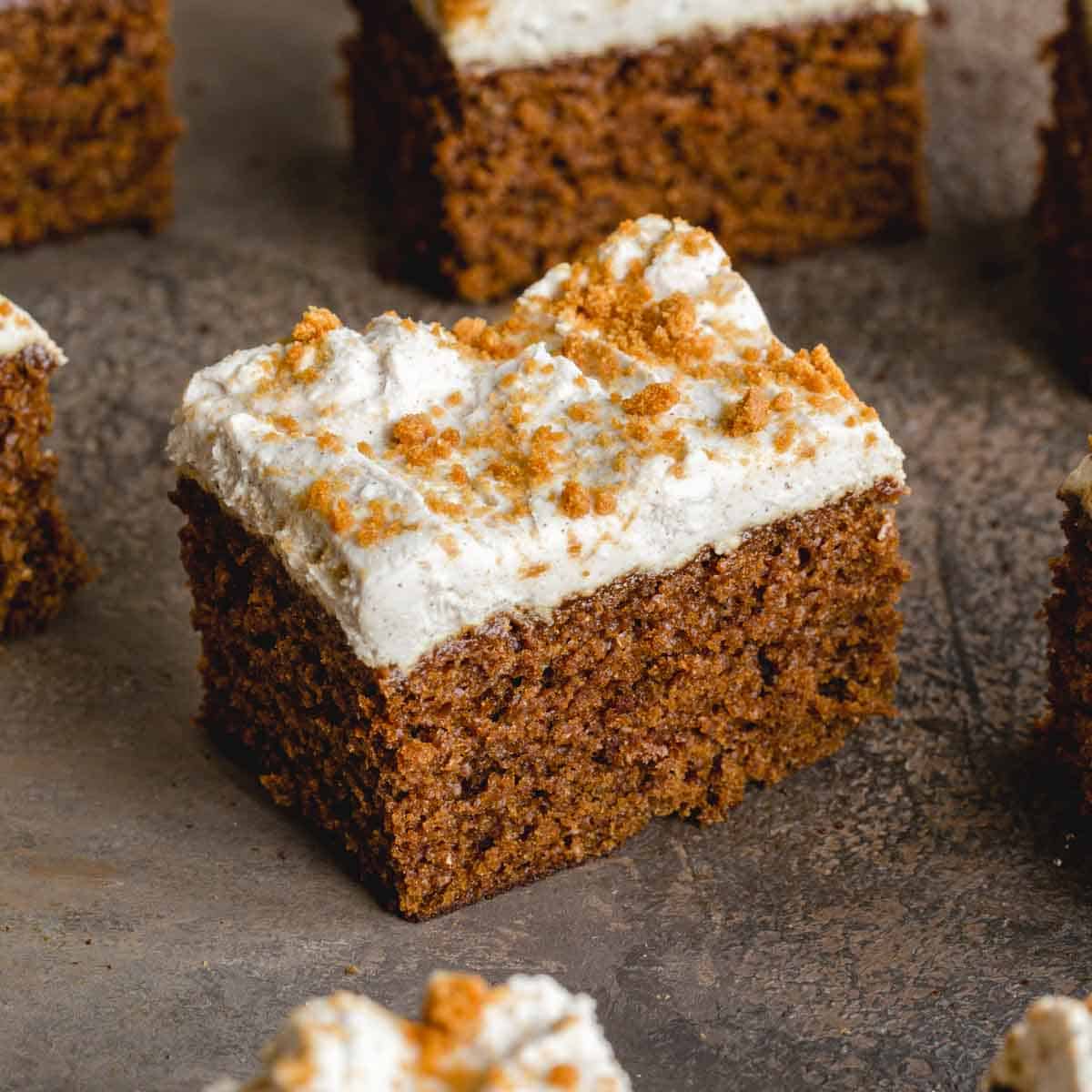 Angled view of a piece of gingerbread cake.