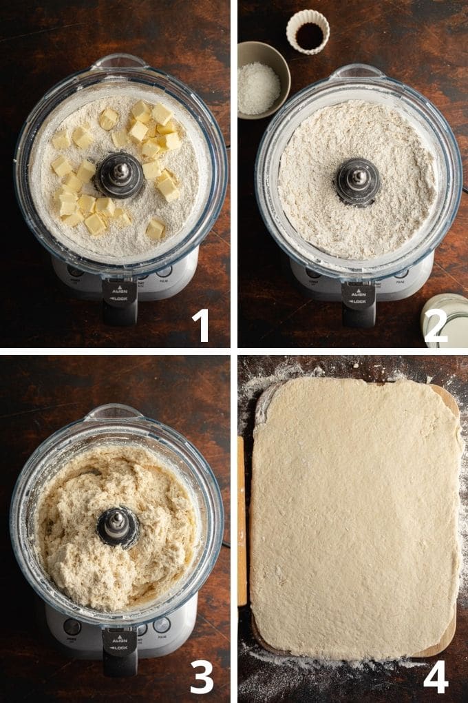 Collage of 4 images showing how the dough comes together in a food processor and gets rolled out.