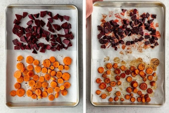 Collage of two images showing how to roast beets and carrots.