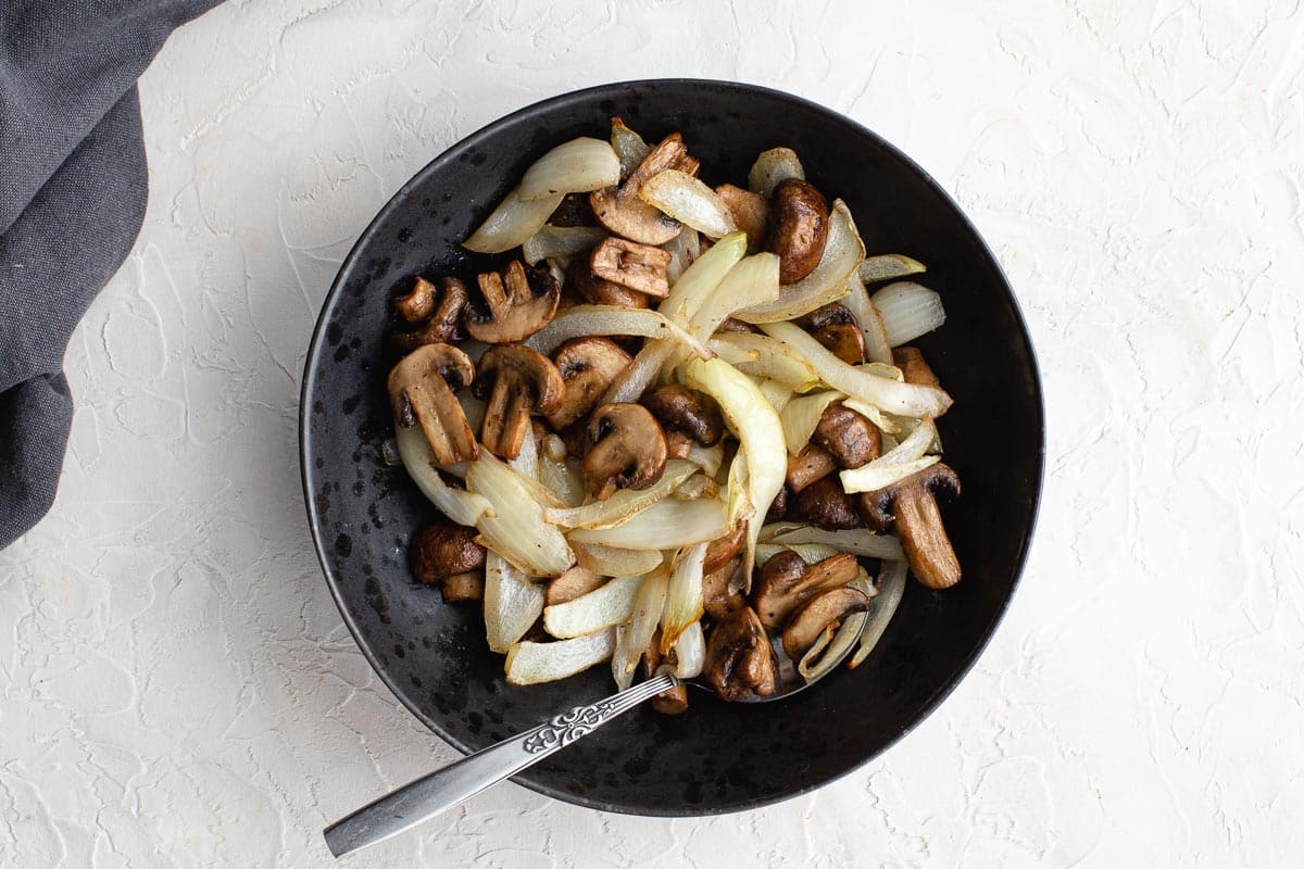Air Fryer Mushrooms and Onions Crumb Top Baking