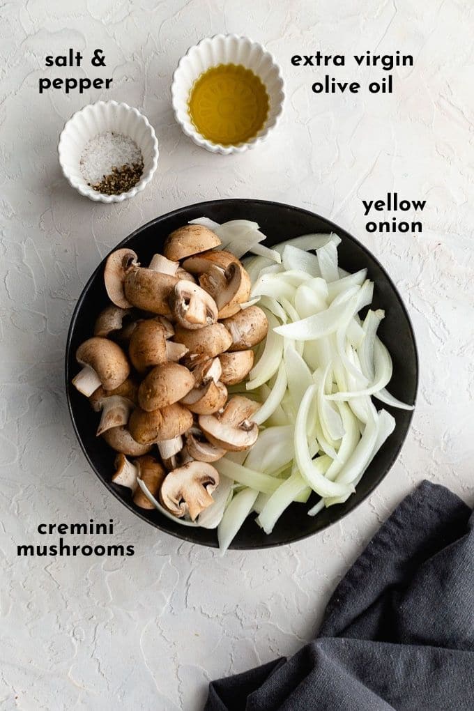 Ingredients to make this mushrooms and onions recipe arranged individually and labelled.