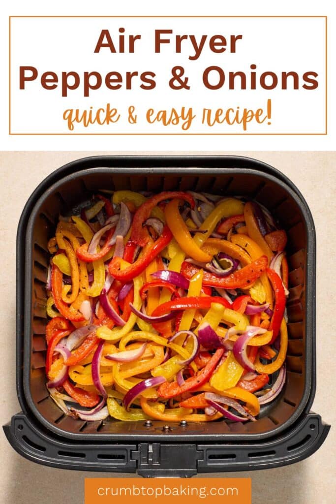 Pinterest image for peppers and onions in the air fryer.