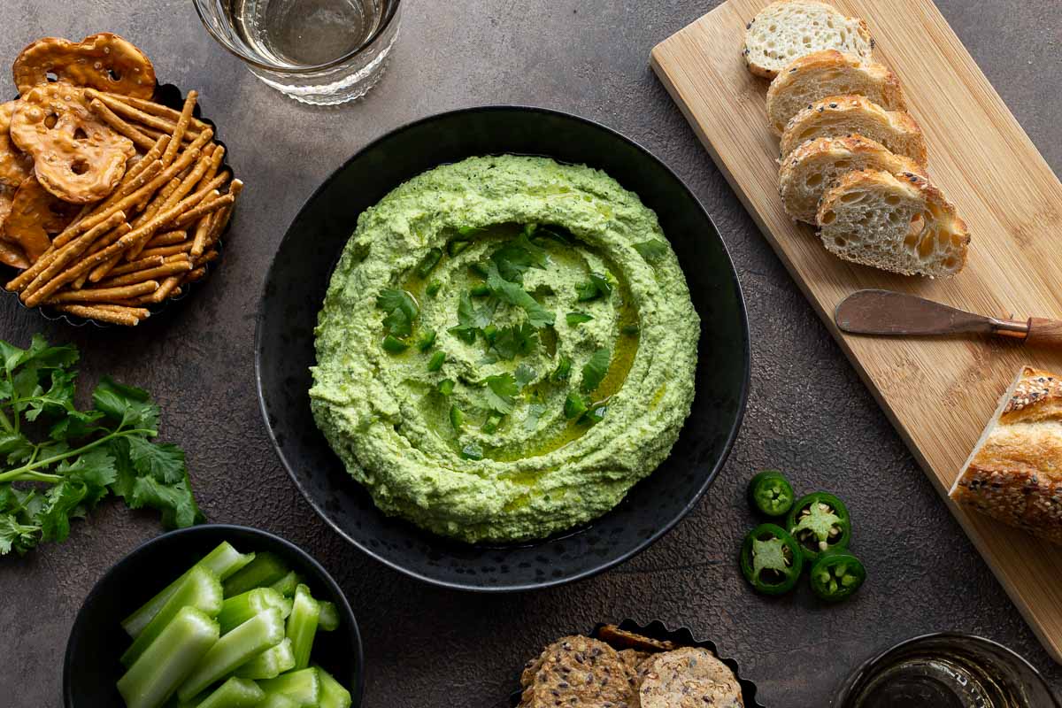 Edamame Hummus with Jalapeño and Cilantro Crumb Top Baking