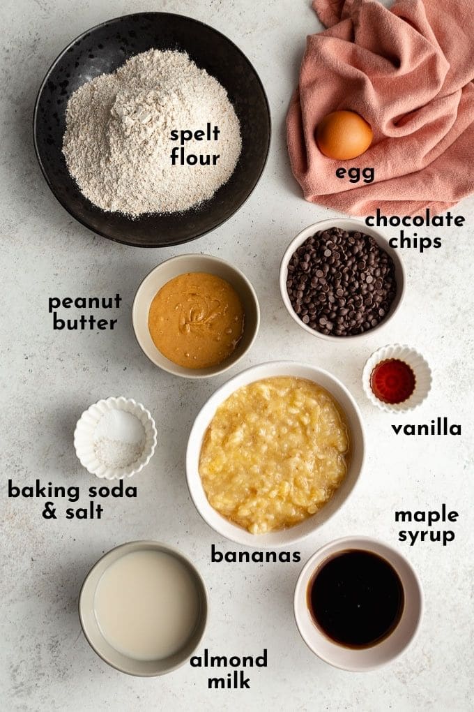 Ingredients to make dairy-free banana muffins arranged individually and labelled.