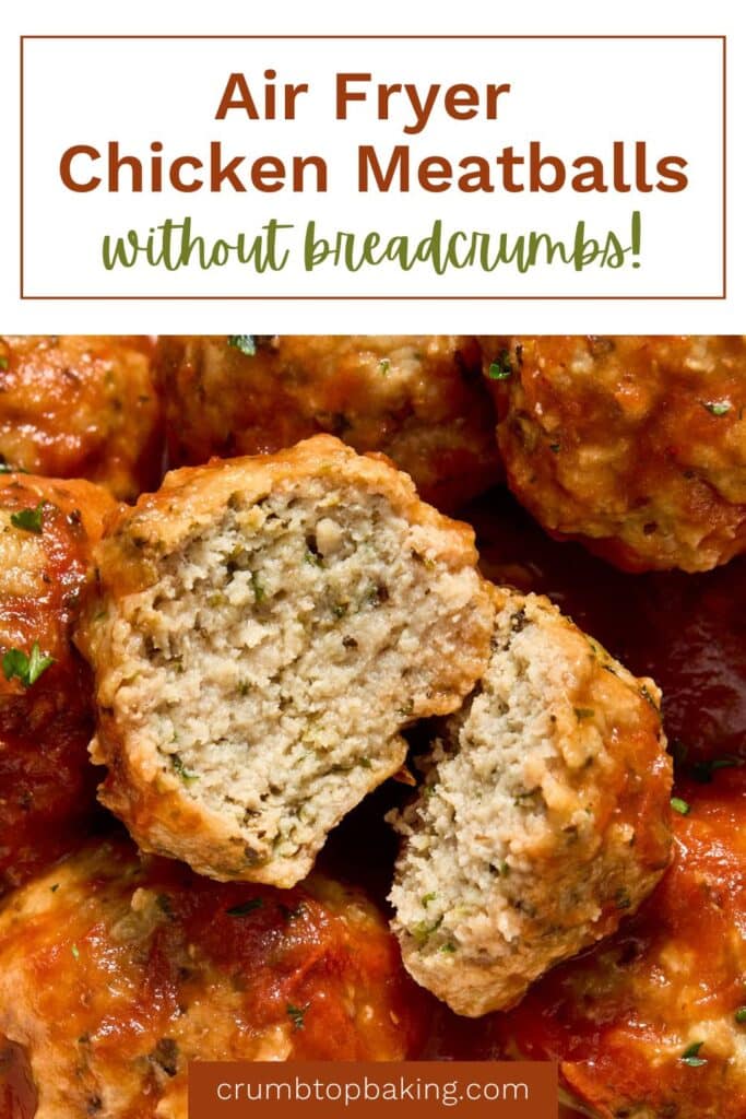 Pinterest image for air fryer chicken meatballs recipe.
