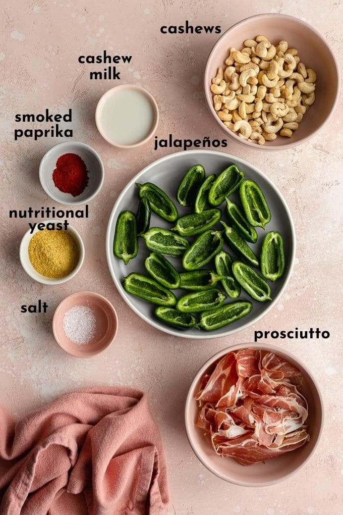 Ingredients to make jalapeño poppers arranged individually and labelled.