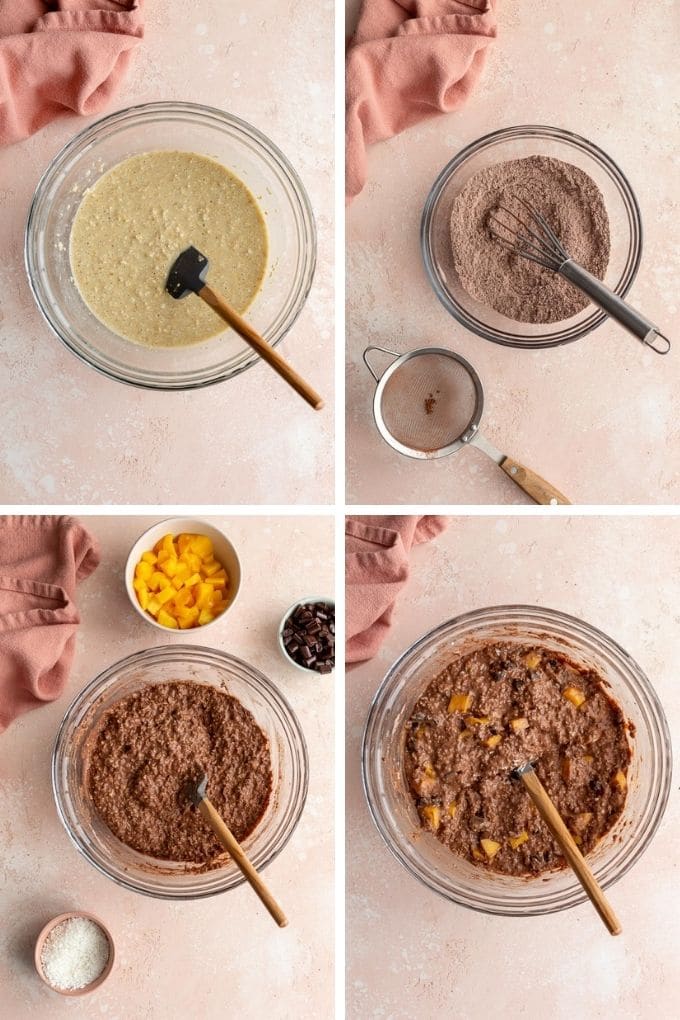 Collage of 4 images showing how the muffin batter is mixed together.