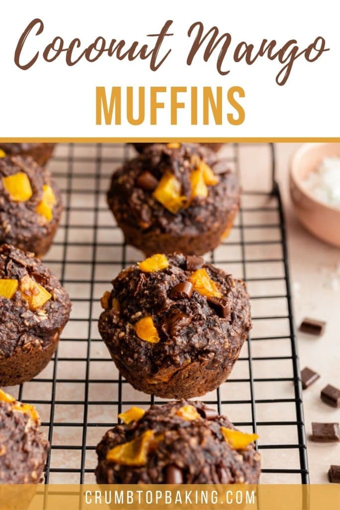 Pinterest image of mango oatmeal muffins arranged on a wire rack.