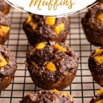 Pinterest image of coconut mango muffins on a wire rack.
