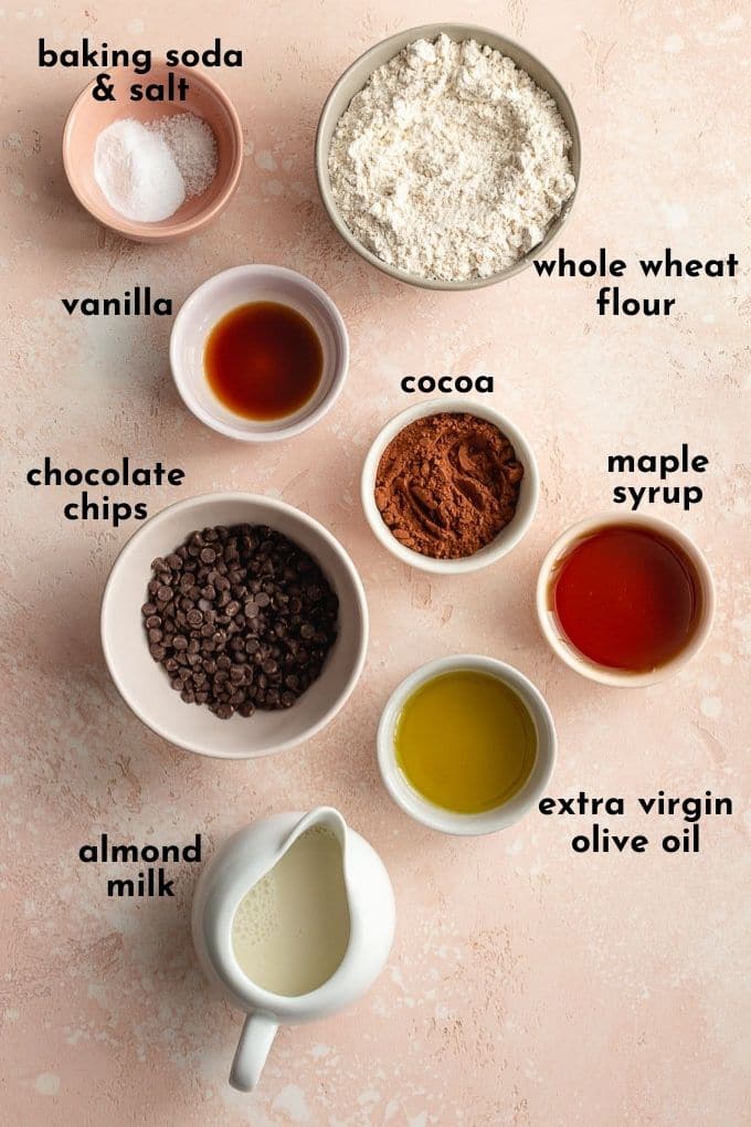 Ingredients to make mini chocolate cakes arranged individually and laballed.