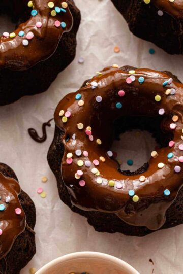 Overhead of mini chocolate bundt cakes topped with sprinkles.