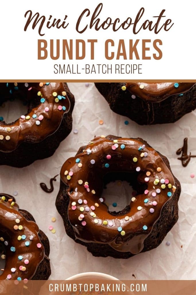 Pinterest image of a mini chocolate bundt cake topped with glaze and sprinkles.