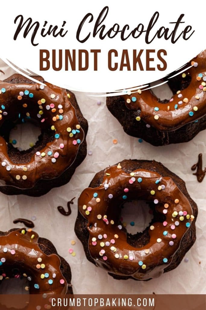 Pinterest image of mini chocolate bundt cakes arranged on a sheet of parchment paper.