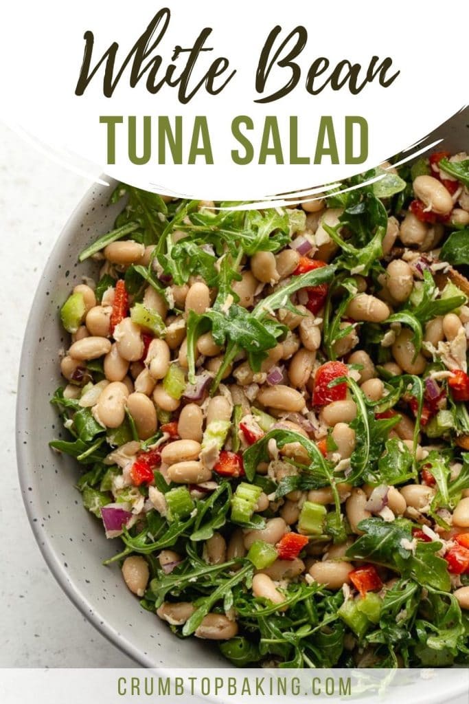 Pinterest image for white bean tuna salad in a large grew bowl.