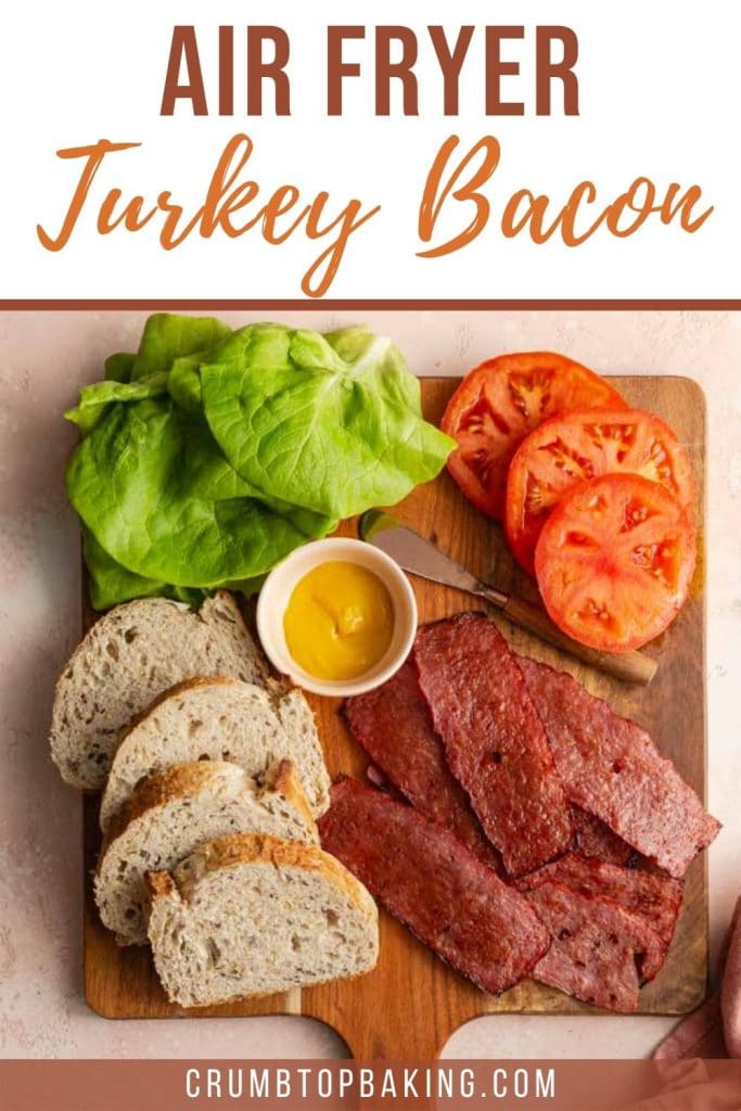 Pinterest image of ingredients to make a turkey bacon, lettuce and tomato sandwich.