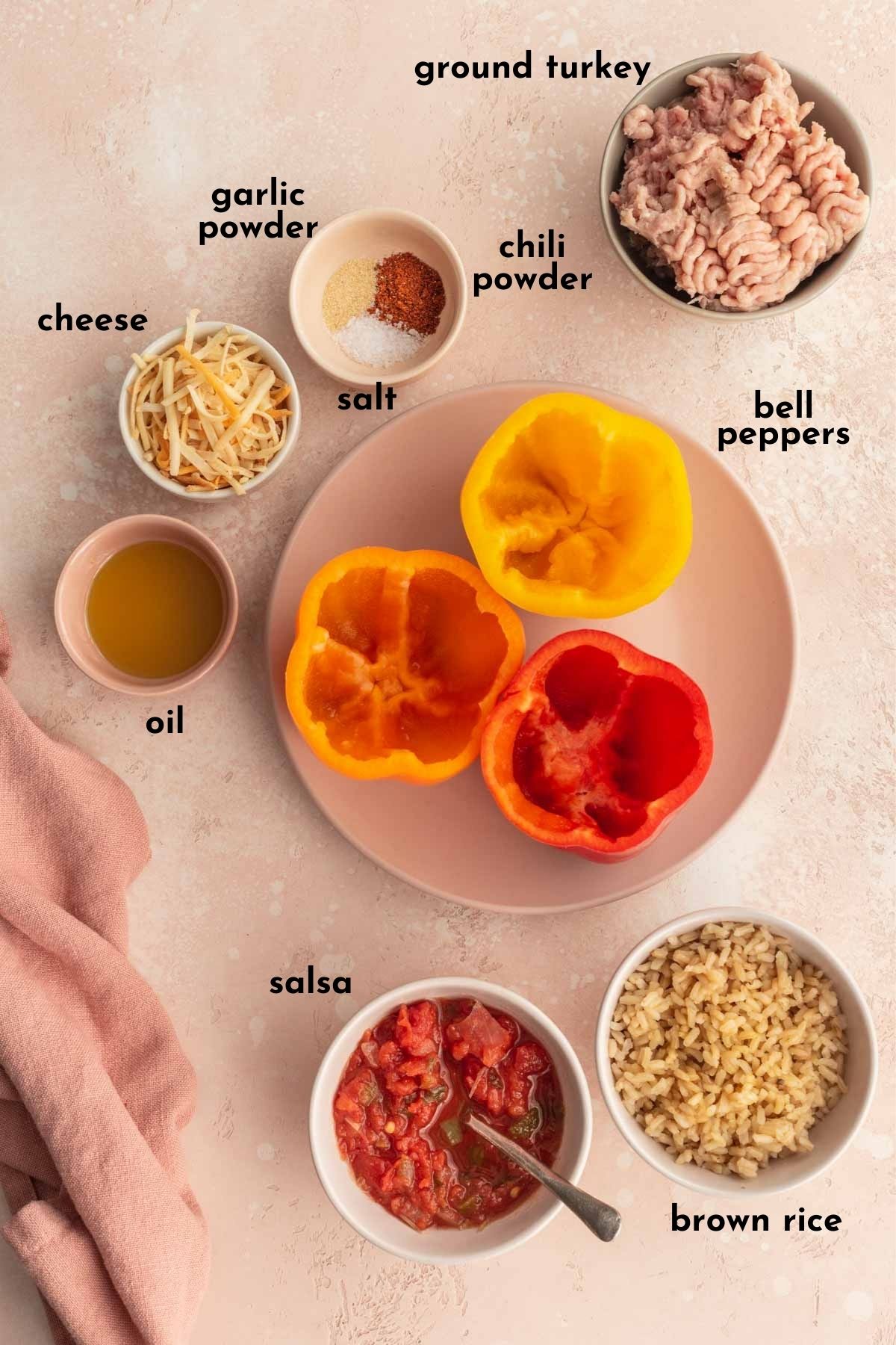 Ingredients to make turkey stuffed peppers arranged individually and labelled.