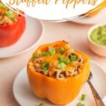 Pinterest image of air fryer stuffed peppers arranged on white plates.