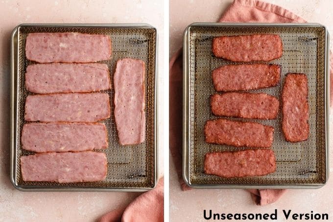 Before and after of the unseasoned turkey bacon in the air fryer.
