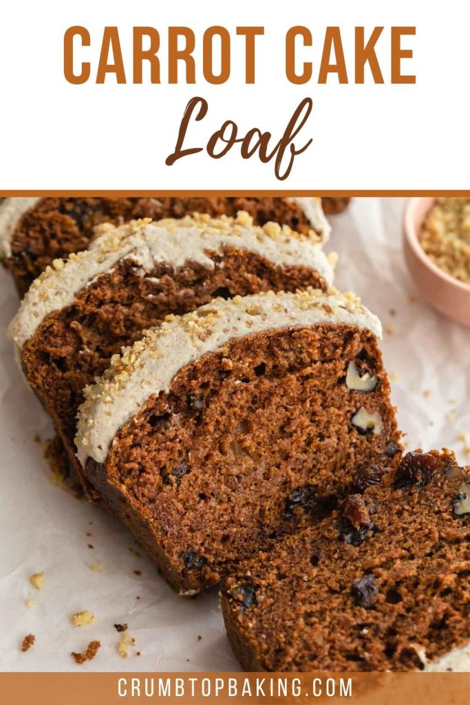 Pinterest image of slices of carrot cake loaf on parchment paper.
