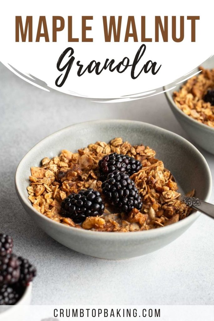 Pinterest image with a side view of maple granola in a grey bowl.
