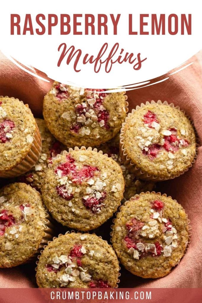 Pinterest image - raspberry muffins arranged in a basket.