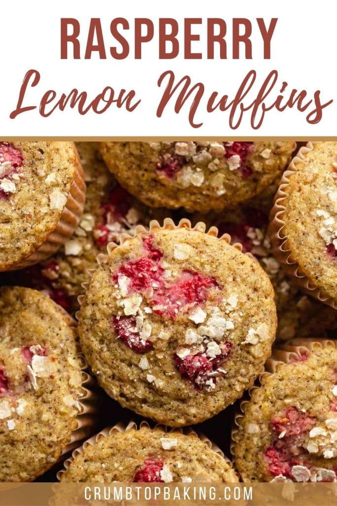 Pinterest image - up close view of raspberry lemon muffins.